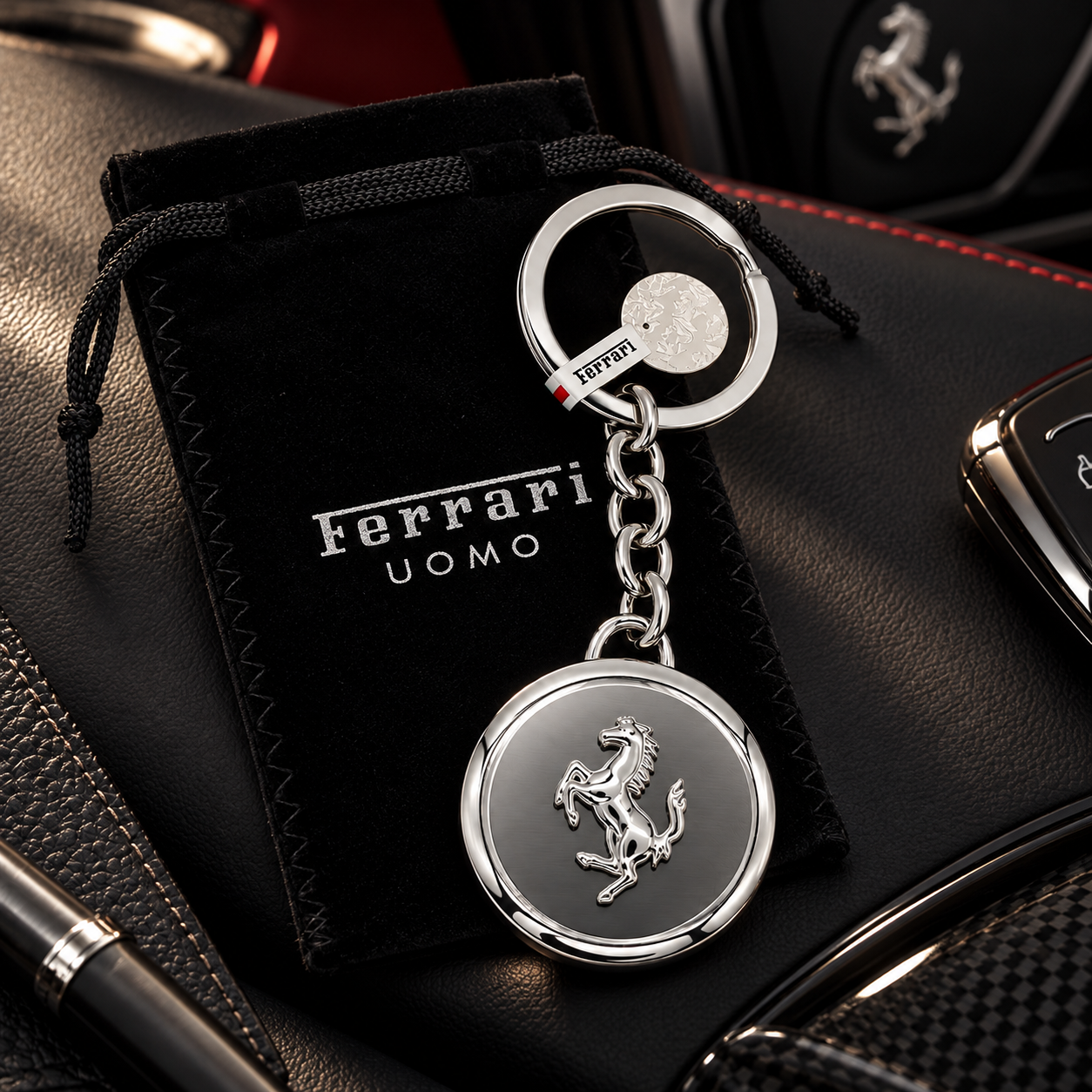 Ferrari Schlüsselanhänger Anhänger Silber mit Etui - Original Ferrari Produkt