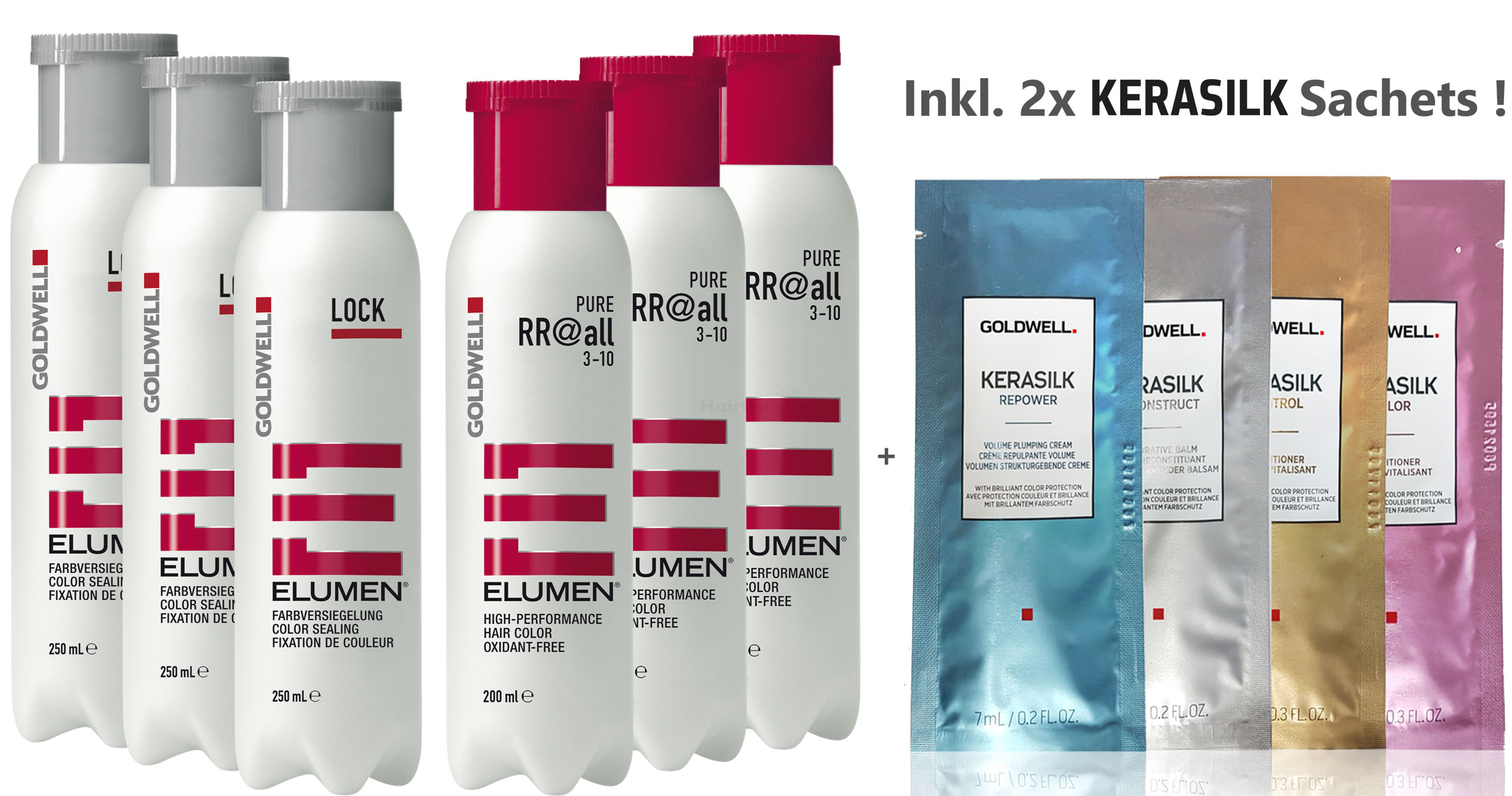 Goldwell Elumen Haarfarbe 3er Set - 3x [RR@all Rot] 200ml + 3x Lock 250ml + 2x Kerasilk Sachets Proben