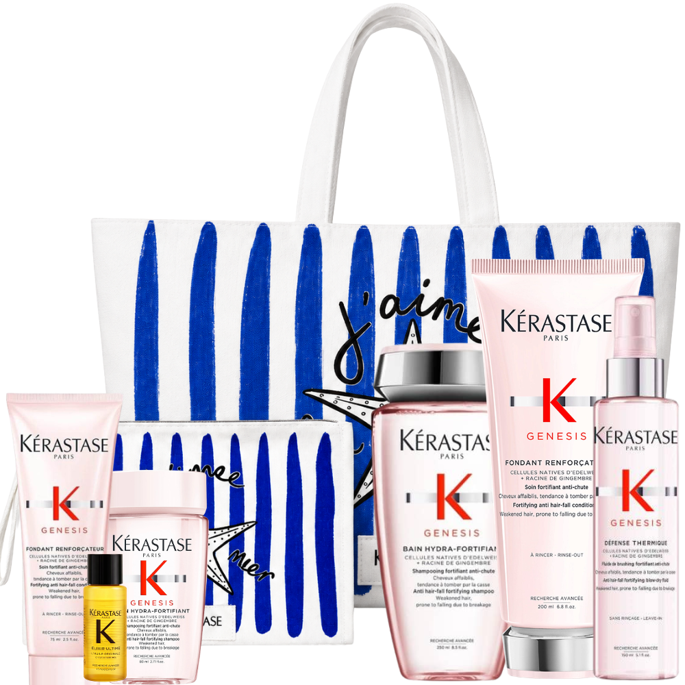 Kérastase Genesis Haarpflegeset mit Reisegrößen, Elixir Ultime Mini-Haaröl & 2 Taschen