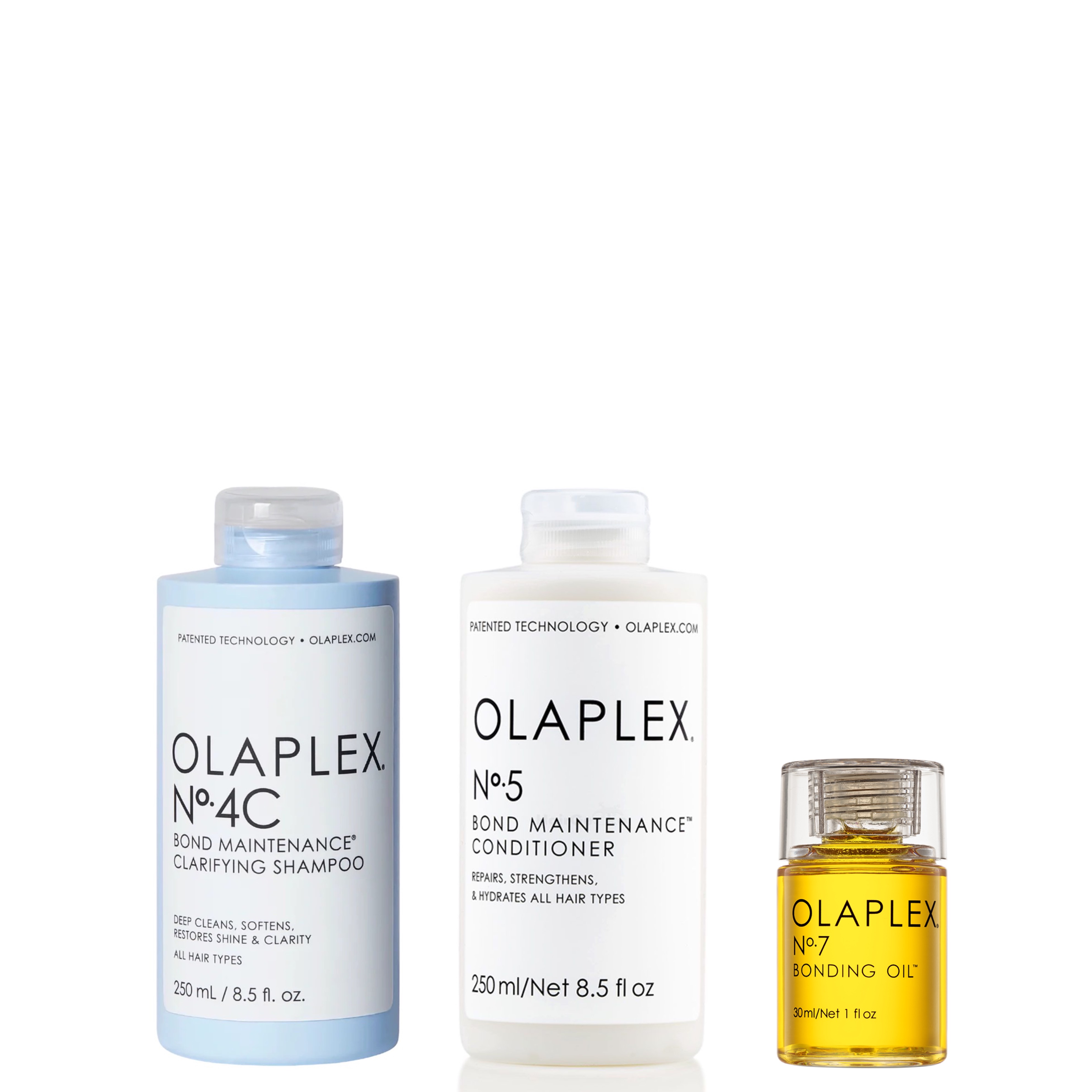 Olaplex Set Neu - No.4C Bond Maintenance Clarifying Shampoo 250 ml + No.5 Bond Maintenance Conditioner 250 ml + No.7 Bonding Oil 30 ml