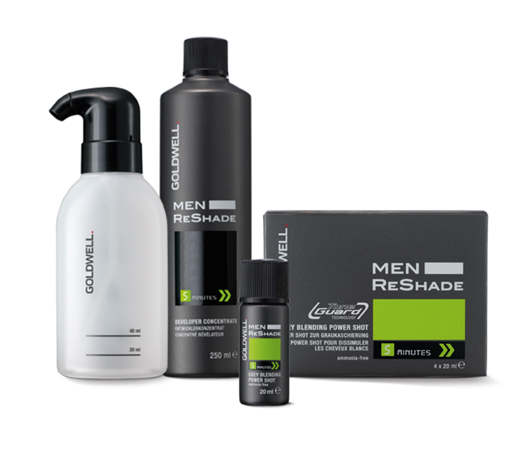 Goldwell MEN RESHADE POWER SHOT 4 x 20 ml (5 CA hell-aschbraun) + ENTWICKLER 250 ml + Auftrageflasche