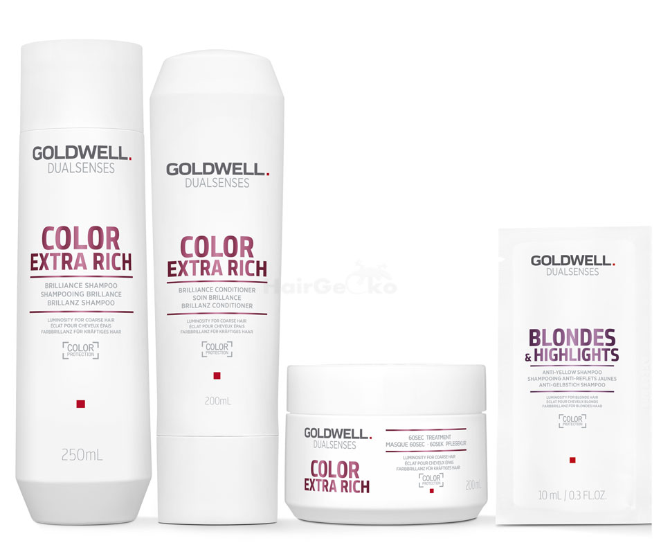 Goldwell Dualsenses Color Extra Rich Brillanz Set - Shampoo 250ml + Conditioner 200ml + 60 Sek Pflegekur 200ml + Blondes & Highlights Anti-Gelbstich Shampoo Sachet 10ml