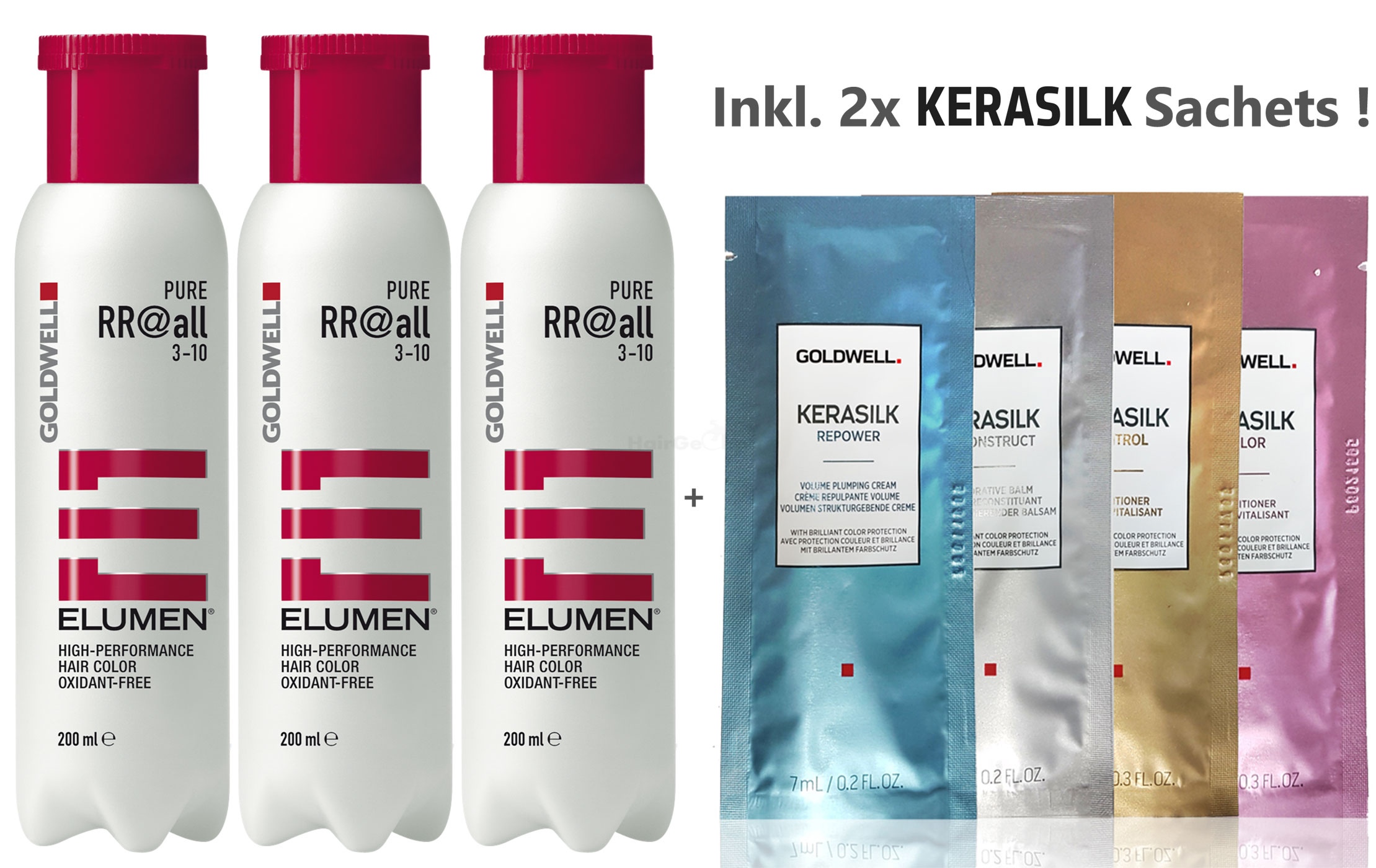 Goldwell Elumen Haarfarbe 3er Set - Pure RR@all Rot 3x 200ml = 600ml + 2x Kerasilk Sachets Proben