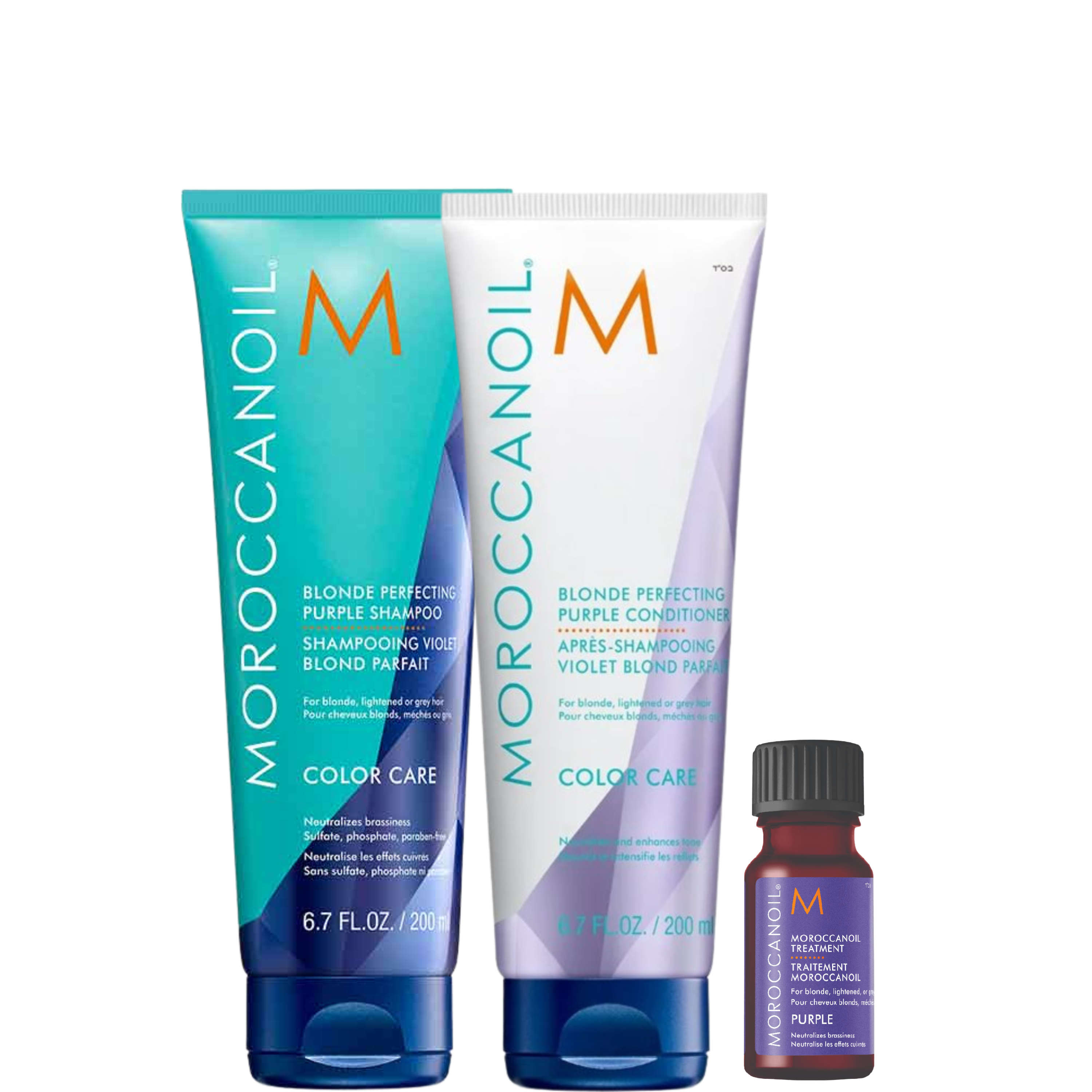 Moroccanoil Blonde Perfecting Set – Purple Shampoo 200 ml + Conditioner 200 ml + Treatment Purple 10 ml