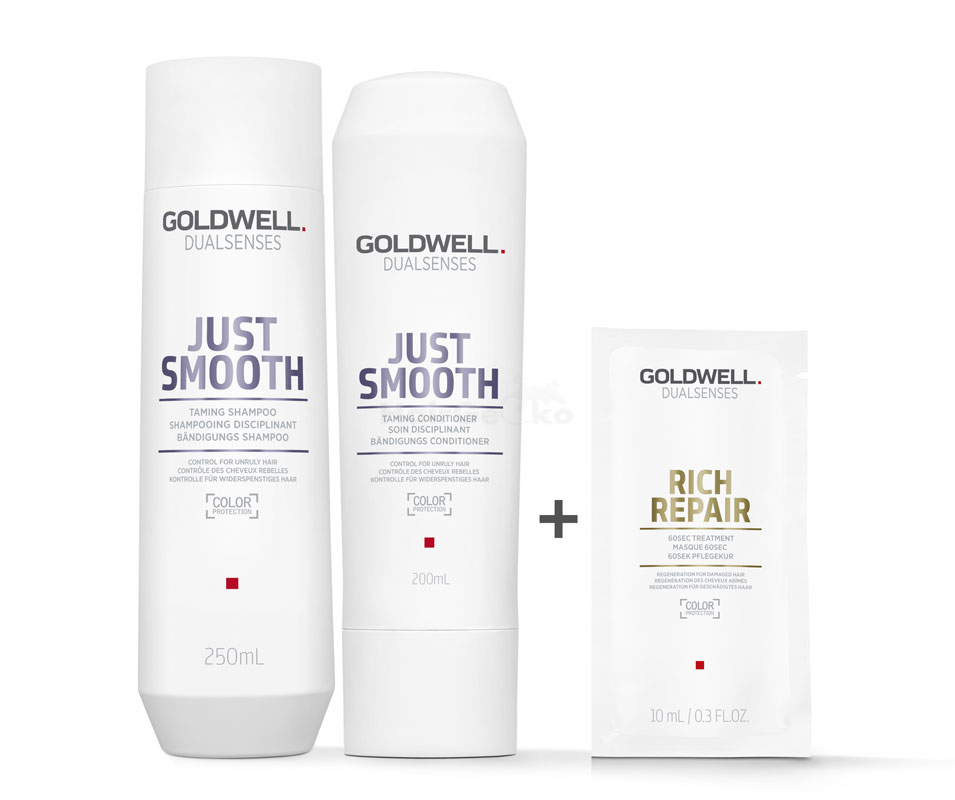 Goldwell Dualsenses Just Smooth Bändigungs Set - Shampoo 250ml + Conditioner 200ml + Rich Repair 60 Sek Pflegekur Sachet 10ml