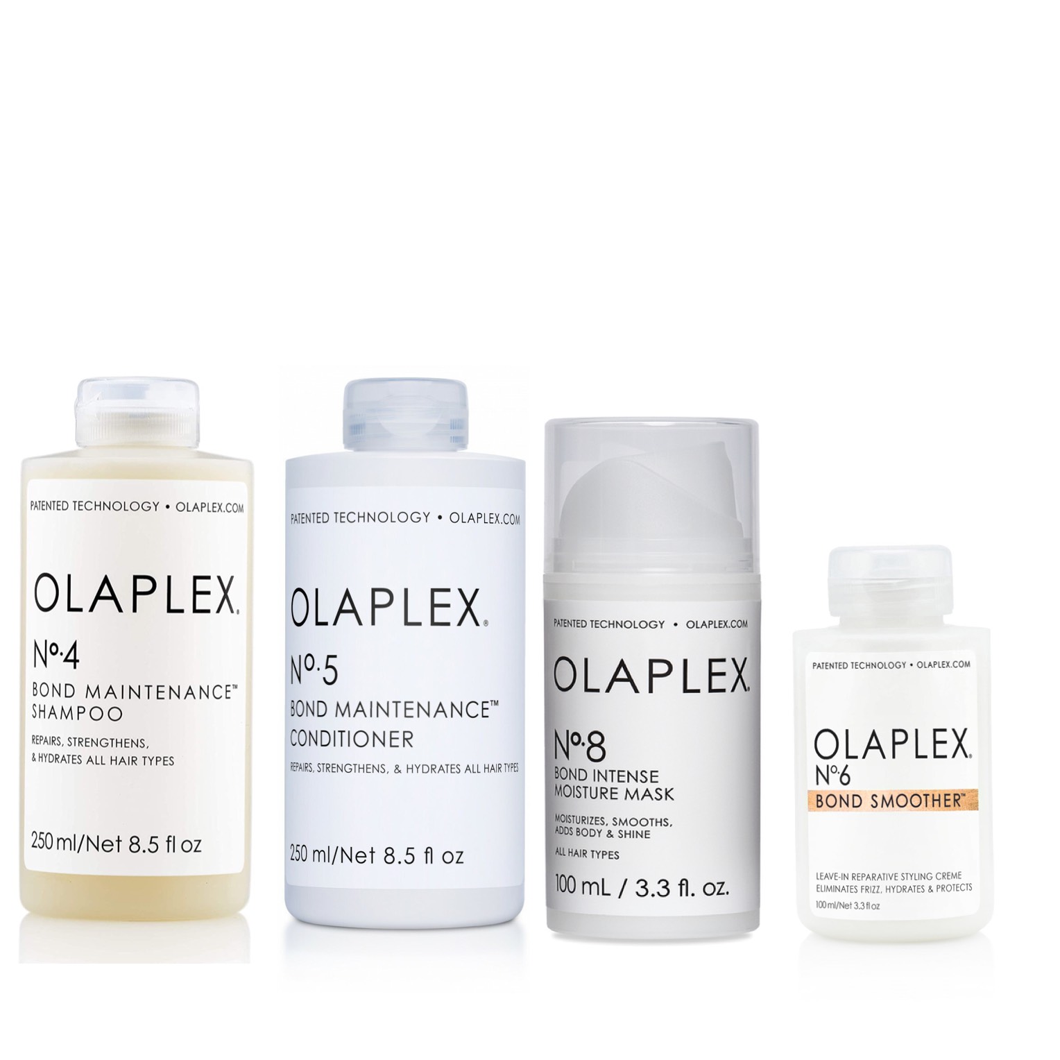 Olaplex Set - Olaplex No 4 Bond Maintenance Shampoo 250ml + Olaplex No 5 Bond Maintenance Conditioner 250ml + Olaplex No 8 Bond Intense Moisture Mask 100ml + Olaplex No 6 Bond Smoother 100ml