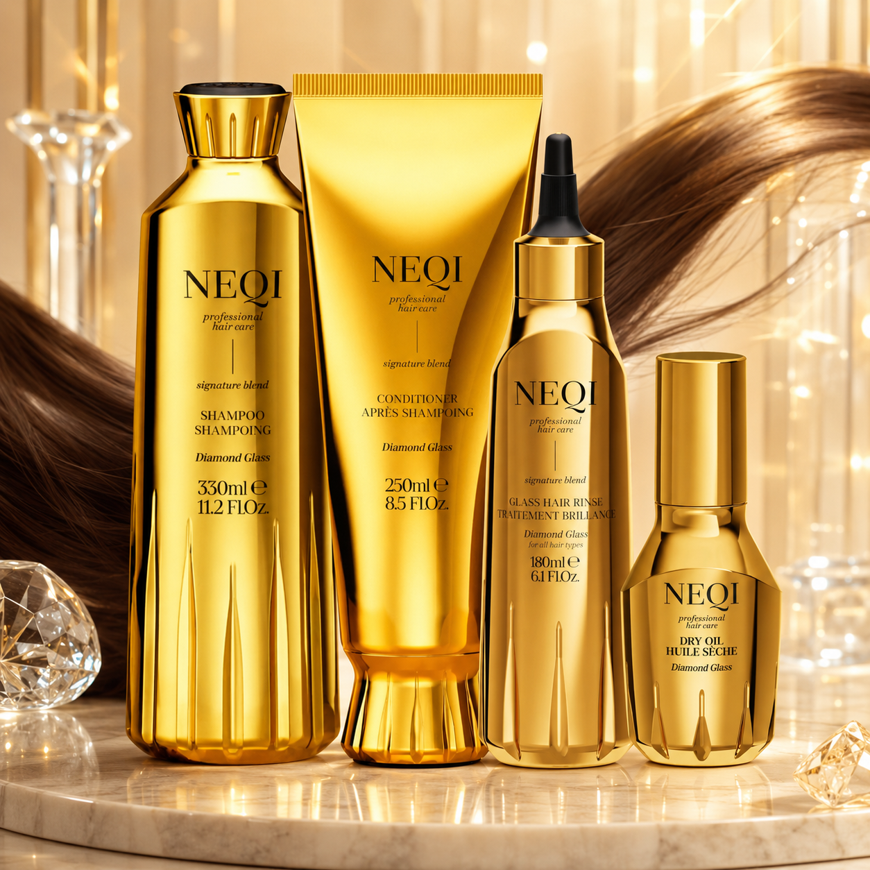 NEQI Diamond Glass Haarpflege-Set – Shampoo 330 ml, Conditioner 250 ml, Hair Rinse 180 ml & Dry Oil 50 ml