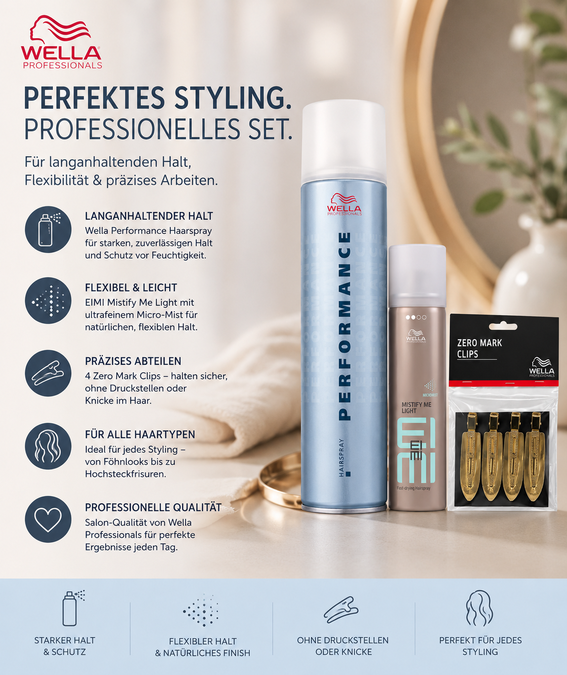 Wella Performance Haarspray 500 ml + EIMI Mistify Me Light 75 ml + 4 Zero Mark Clips Styling Set