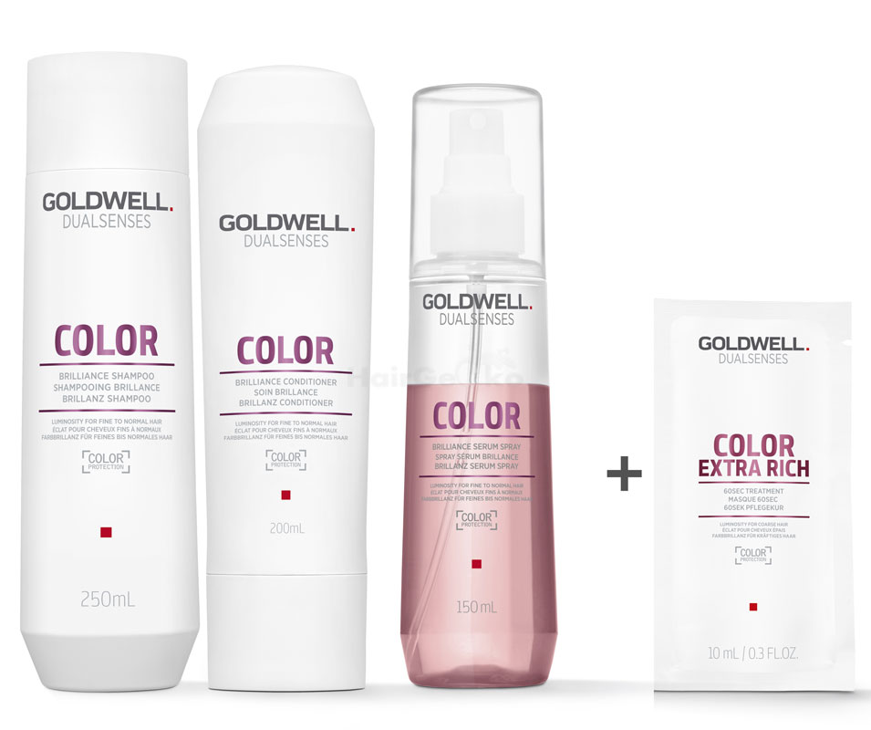 Goldwell Dualsenses Color Brillanz Set - Shampoo 250ml + Conditioner 200ml + Serum Spray 150ml + Color Extra Rich 60 Sek Pflegekur Sachet 10ml