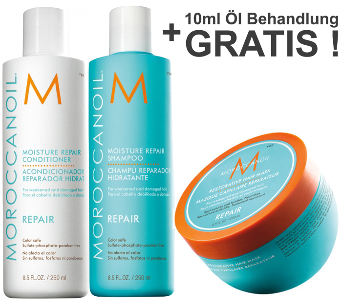 Moroccanoil Regenerierendes Repair Set - Shampoo 250ml + Conditioner 250ml + Stärkende Maske 250ml + Behandlung Treatment 10ml - Gratis !