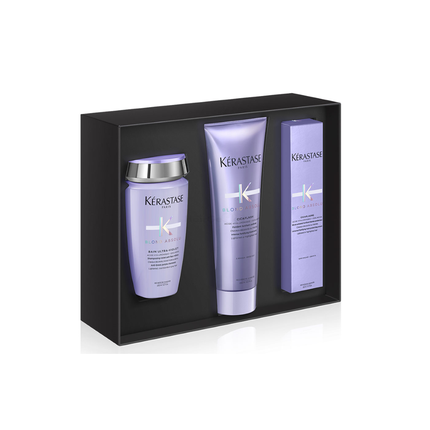 Kerastase Blond Absolu Geschenkbox Geschenkset - Bain Ultra-Violet Shampoo 250ml + Cicaflash 250ml + Cicaplasme 150ml