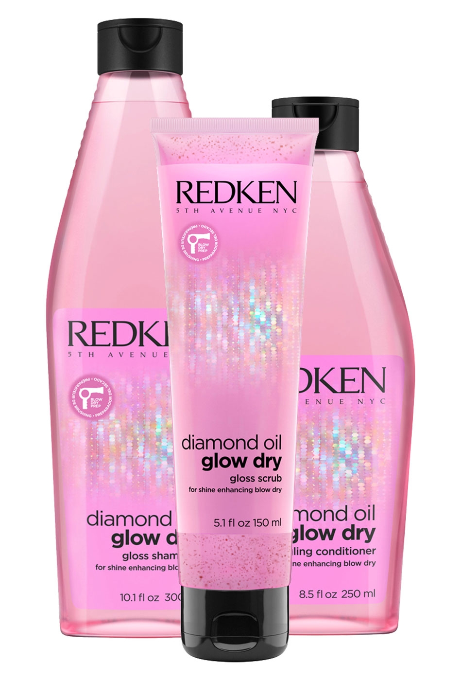 Redken Diamond Oil Glow Dry Set - Shampoo 300ml + Conditioner 250ml + Gloss Scrub 150ml
