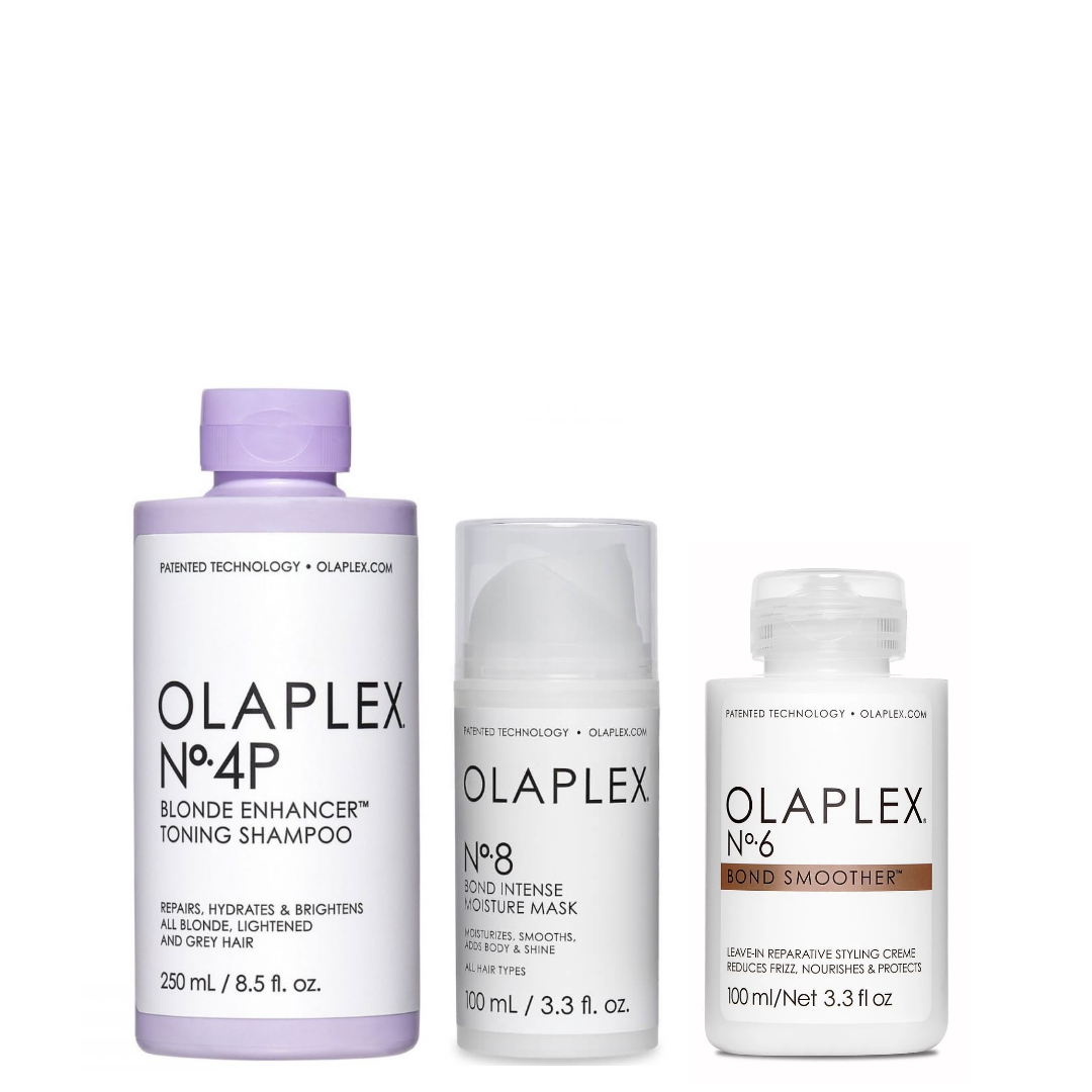 Olaplex Set - No.4P Blonde Enhancer Toning Shampoo 250ml + No.8 Bond Intense Moisture Mask 100ml + No.6 Bond Smoother 100ml