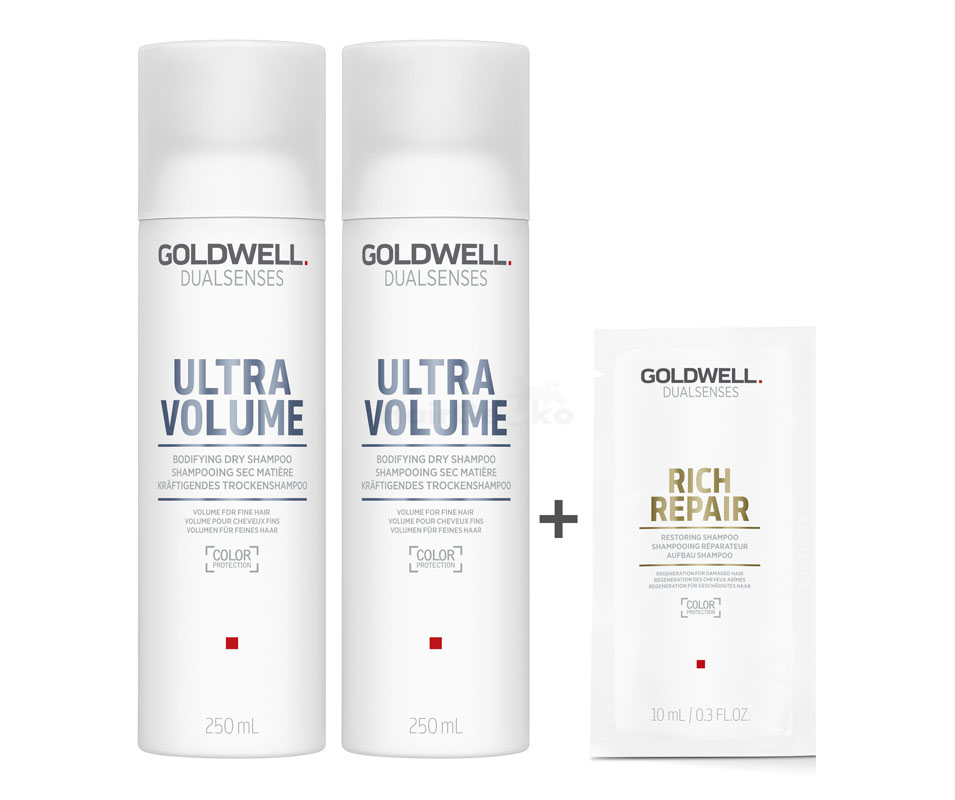 Goldwell Dualsenses Ultra Volume Kräftigendes Trockenshampoo 2x250ml = 500ml + Rich Repair Aufbau Shampoo Sachet 10ml