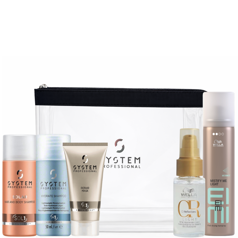 System Professional & Wella Professionals Reise-Set – Shampoo, Maske, Haaröl, Haarspray & Kosmetiktasche 