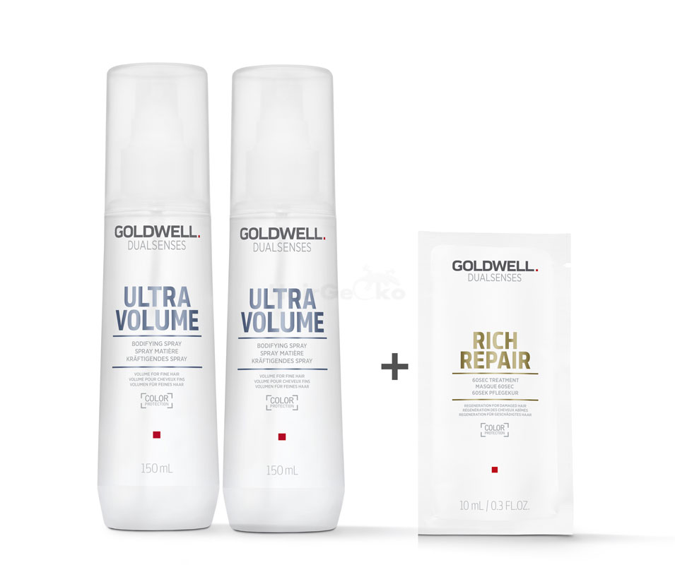 Goldwell Dualsenses Ultra Volume Kräftigendes Spray 2x150ml = 300ml + Rich Repair 60 Sek Pflegekur Sachet 10ml