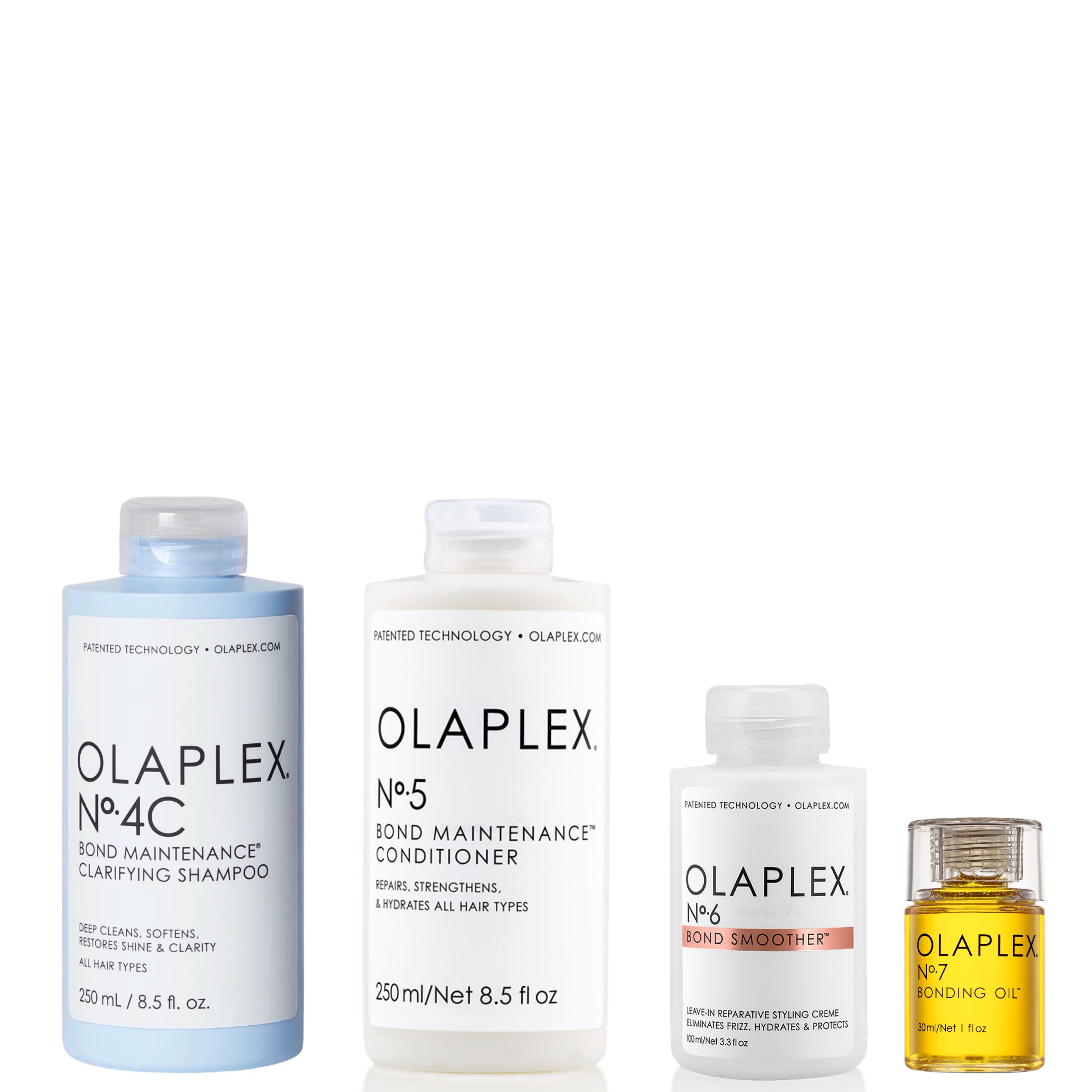 Olaplex Set Neu - No.4C Bond Maintenance Clarifying Shampoo 250 ml + No.5 Bond Maintenance Conditioner 250 ml + No.6 Bond Smoother 100 ml + No.7 Bonding Oil 30 ml