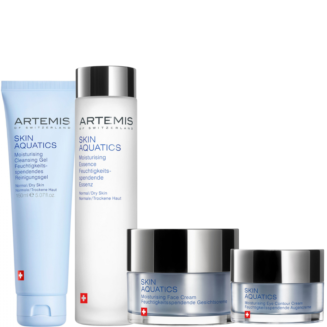 ARTEMIS of Switzerland Skin Aquatics Pflegeroutine Set | Reinigungs­gel, Feuchtigkeits-Essenz, Gesichtscreme & Augencreme | Intensiv feuchtigkeitsspendende Gesichtspflege für normale & trockene Haut
