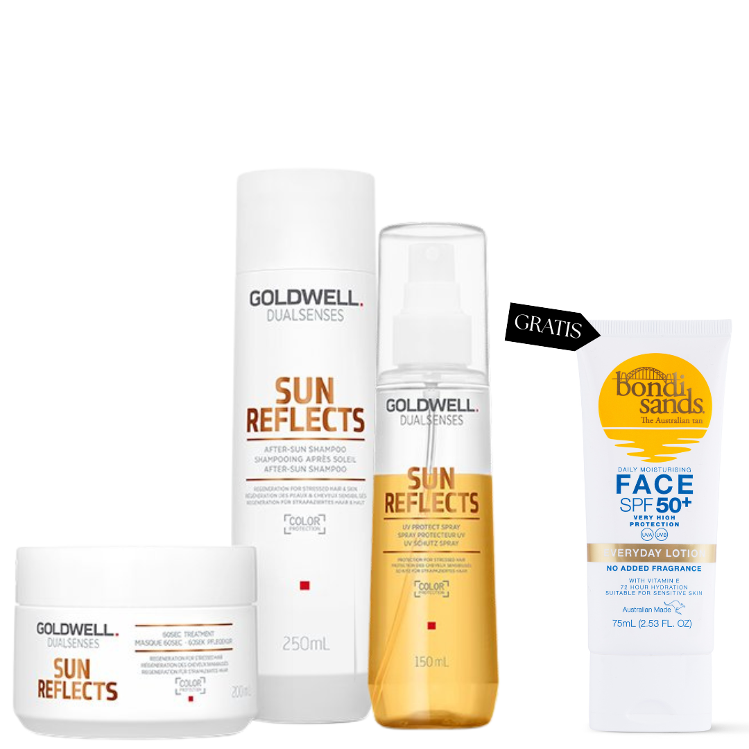 Goldwell Dualsenses Sun Reflects Set - After-Sun Shampoo 250ml + 60Sec Treatment 200ml + UV Protect Spray 150ml + gratis BondiSands Face Suncreen SPF50+