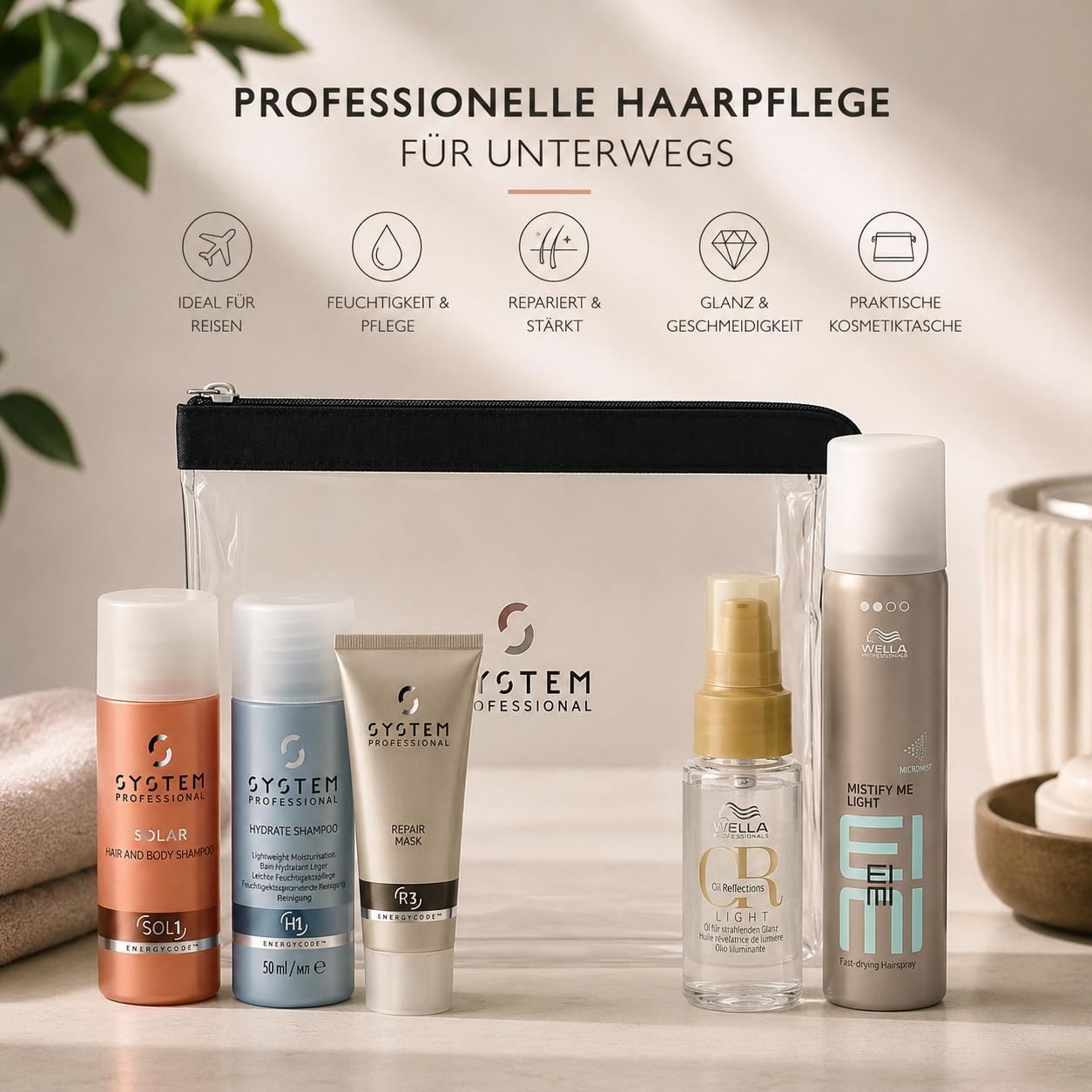 System Professional & Wella Professionals Reise-Set – Shampoo, Maske, Haaröl, Haarspray & Kosmetiktasche