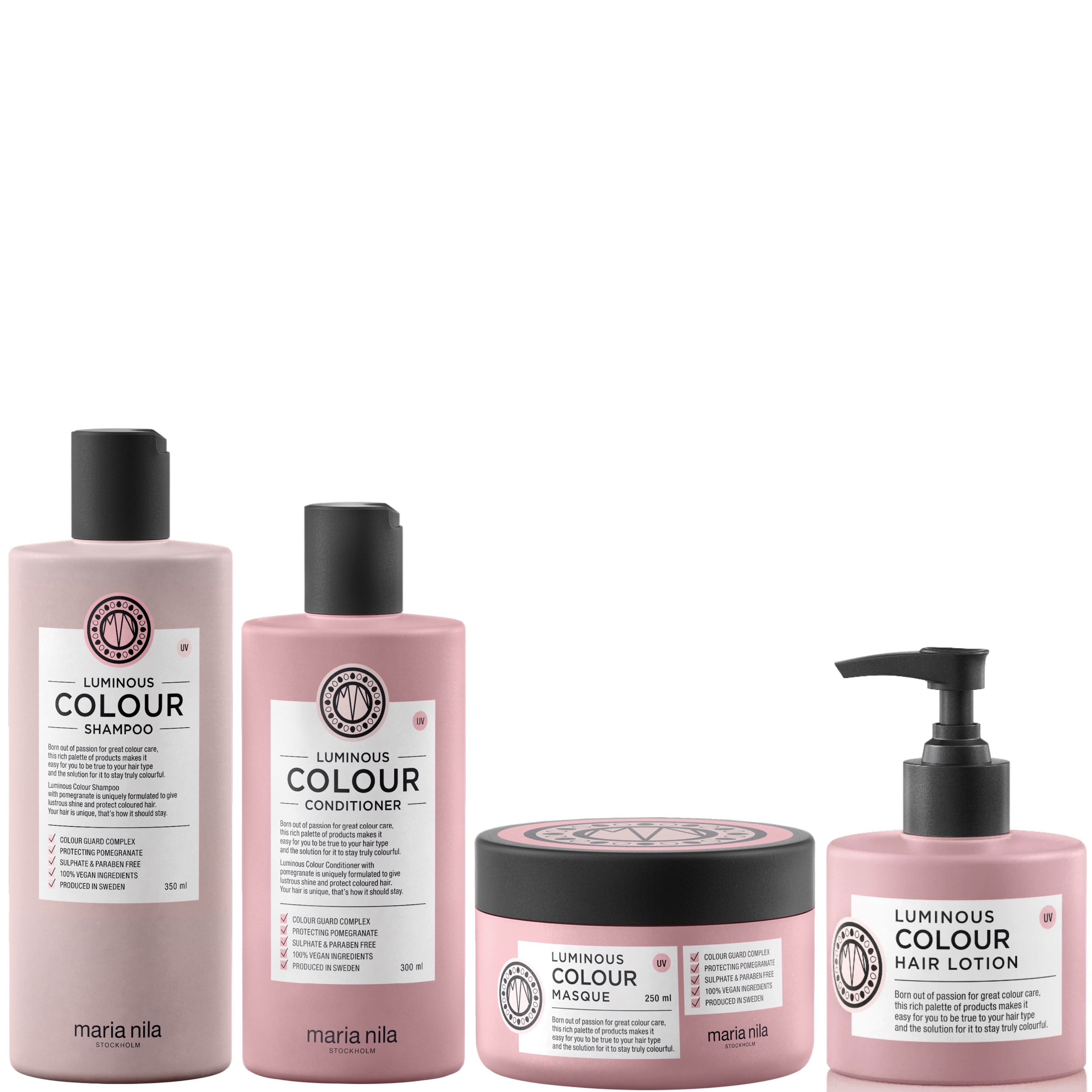 Maria Nila Luminous Colour Set - Shampoo 350 ml + Conditioner 300 ml + Maske 250 ml + Hair Lotion 200 ml