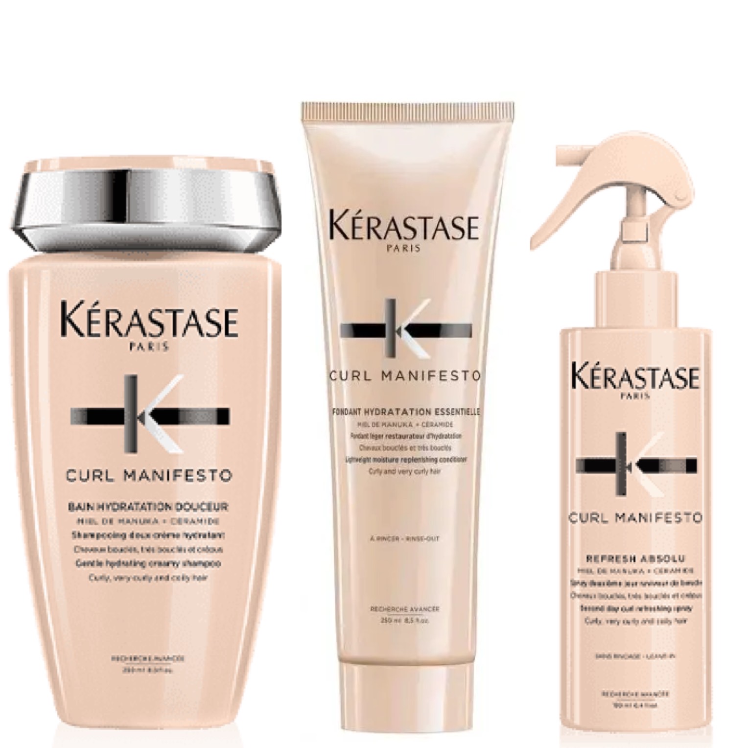 Kérastase Curl Manifesto Set - Bain Hydration Douceur 250ml + Fondant Hydration Essentielle 250ml + Refresh Absolu 190ml