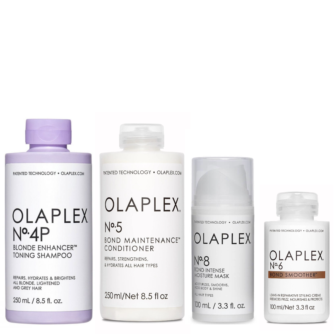 Olaplex Set - No.4P Blonde Enhancer Toning Shampoo 250ml + No.5 Bond Maintenance Conditioner 250ml + No.8 Bond Intense Moisture Mask 100ml + No.6 Bond Smoother 100ml