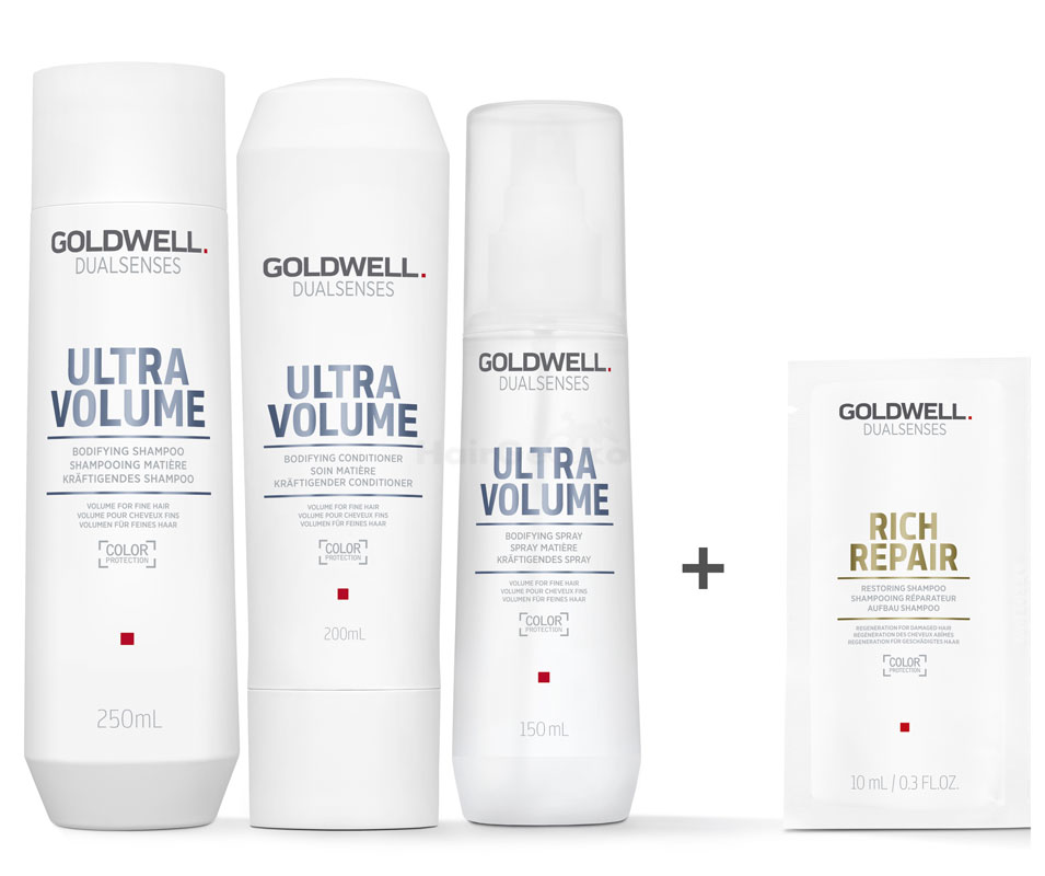 Goldwell Dualsenses Ultra Volume Kräftigendes Set - Shampoo 250ml + Conditioner 200ml + Spray 150ml + Rich Repair Aufbau Shampoo Sachet 10ml