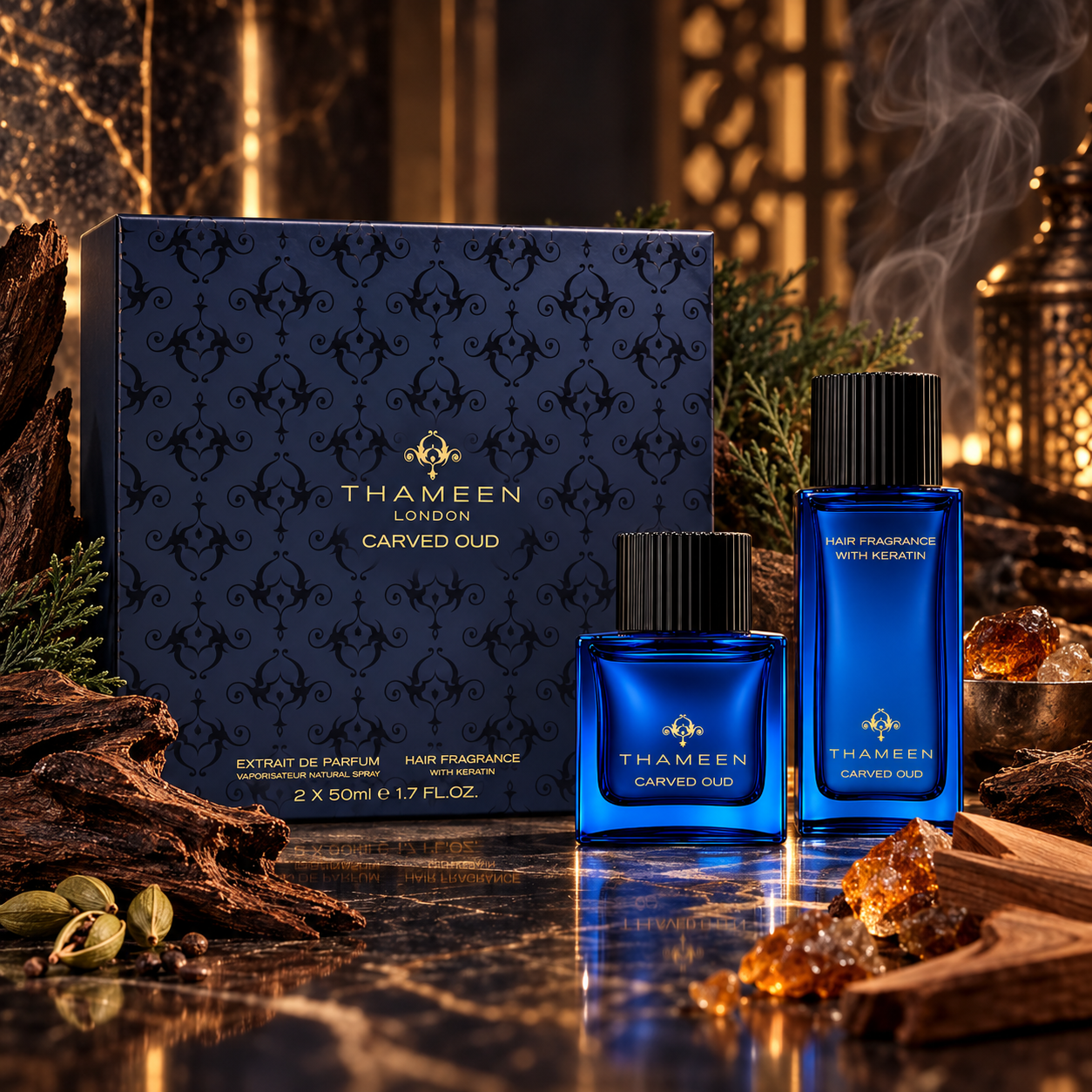 Thameen London Carved Oud Geschenkset – Extrait de Parfum 50 ml + Hair Fragrance 50 ml