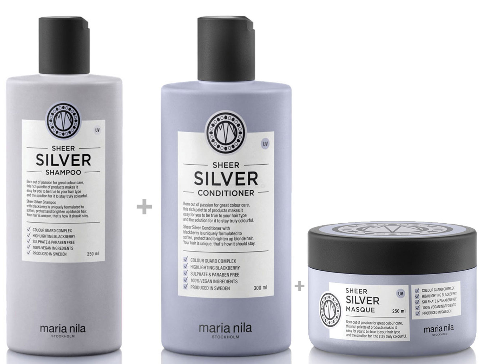 Maria Nila Sheer Silver Set - Shampoo 350 ml + Conditioner 300 ml + Masque / Maske 250 ml