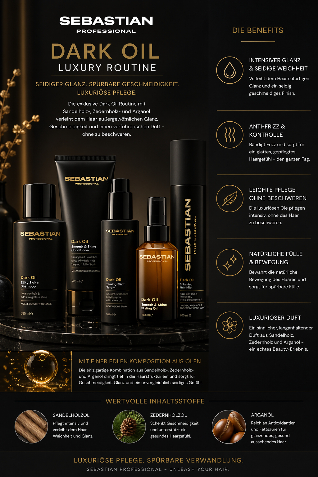 Sebastian Professional Dark Oil Luxury Routine – 5-teiliges Glanz- & Pflege-Set für seidiges, geschmeidiges Haar