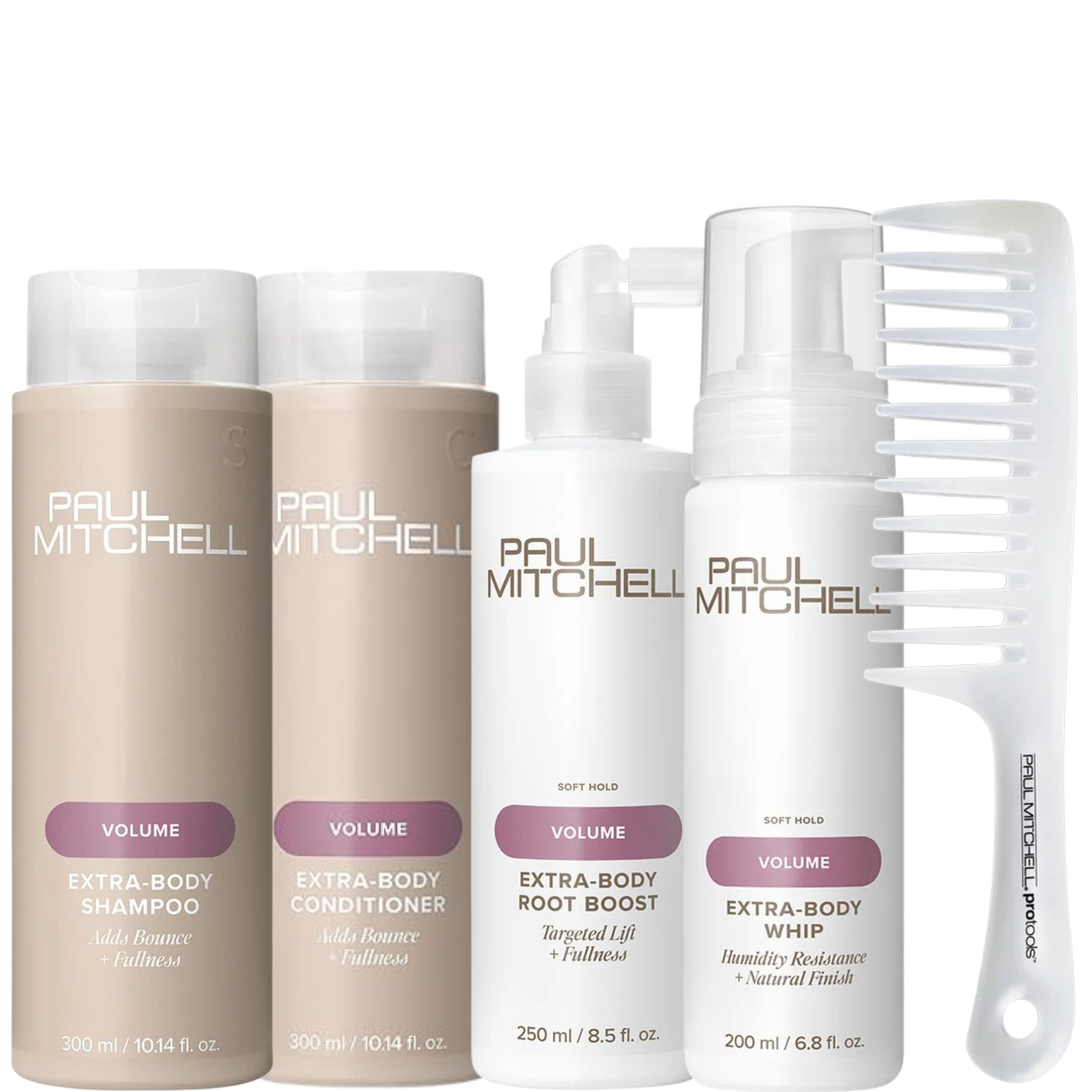 Paul Mitchell Extra-Body Volumen Ritual Set – Shampoo & Conditioner 300 ml + Root Boost 250 ml + Whip 200 ml + Profi Kamm | Für feines Haar