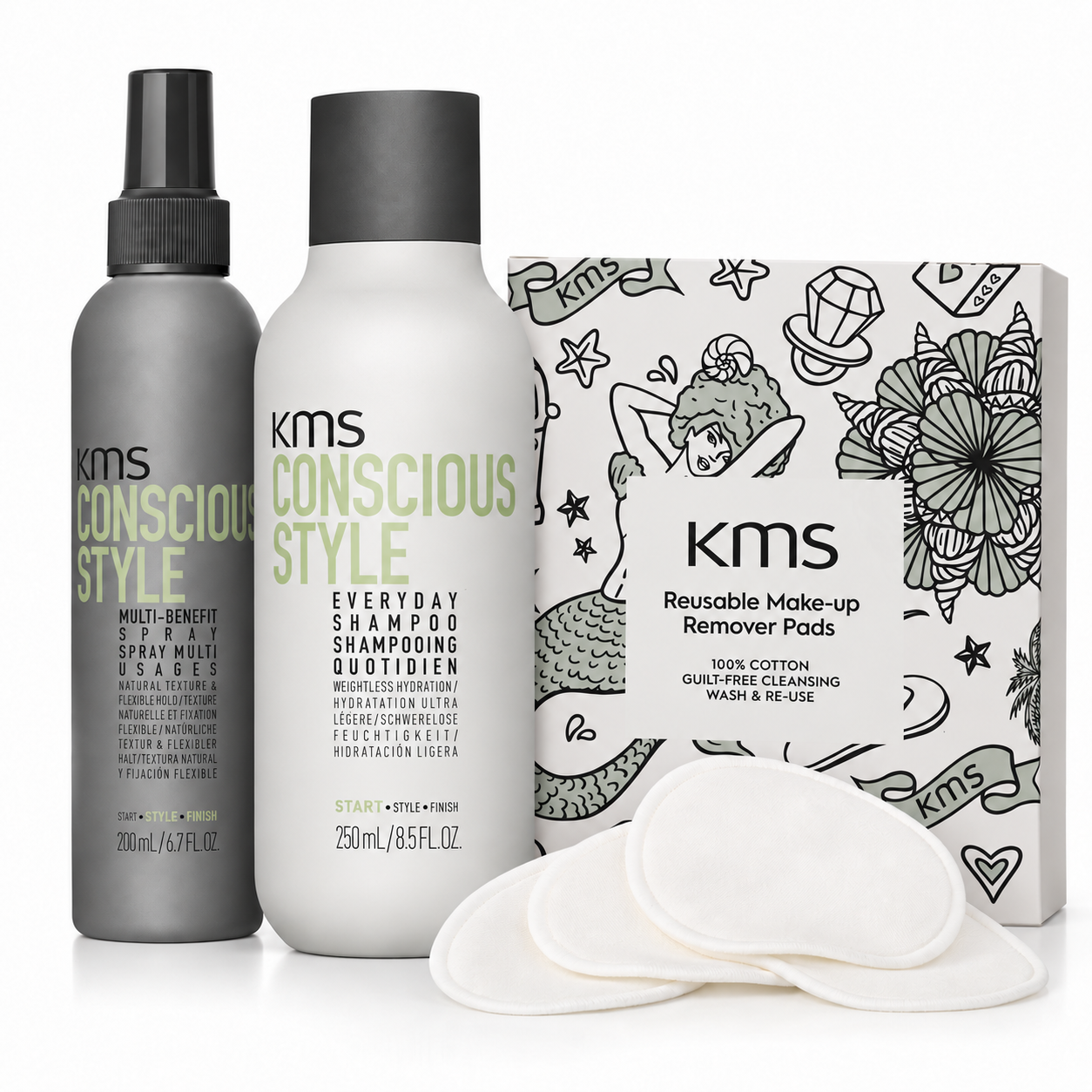 KMS Conscious Style Pflegeset – Everyday Shampoo 250 ml + Multi-Benefit Spray 200 ml + gratis Reusable Make-up Remover Pads