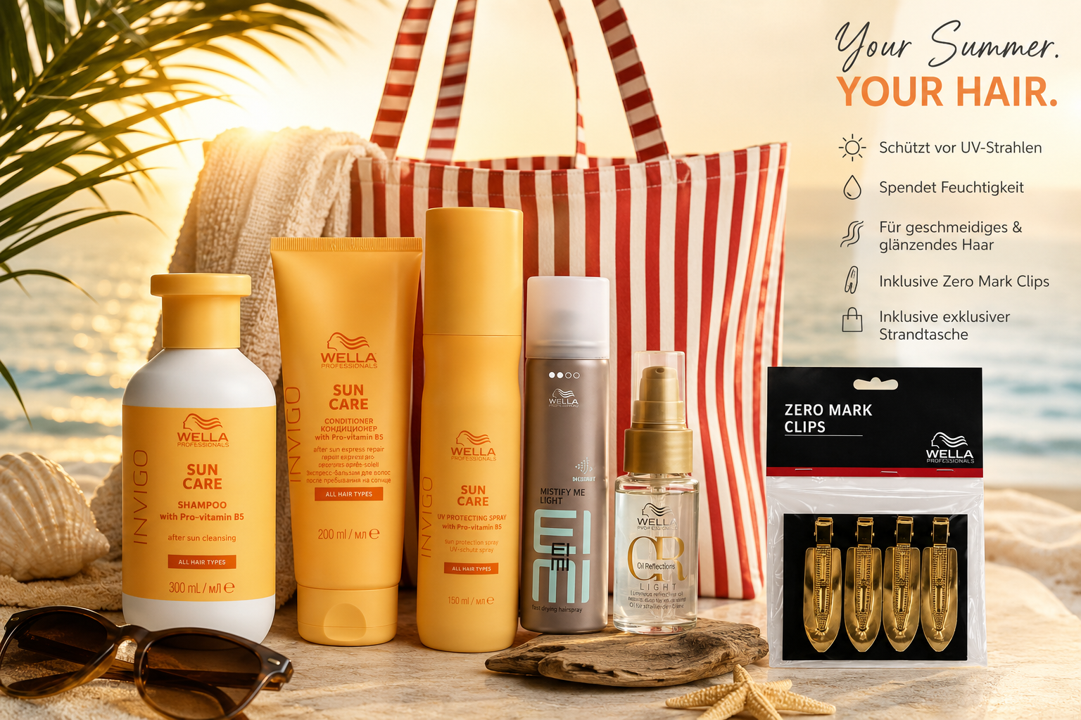 Wella Professionals Invigo Sun Care Summer Set – Rundum-Pflege für sonnengestresstes Haar + Accessoires