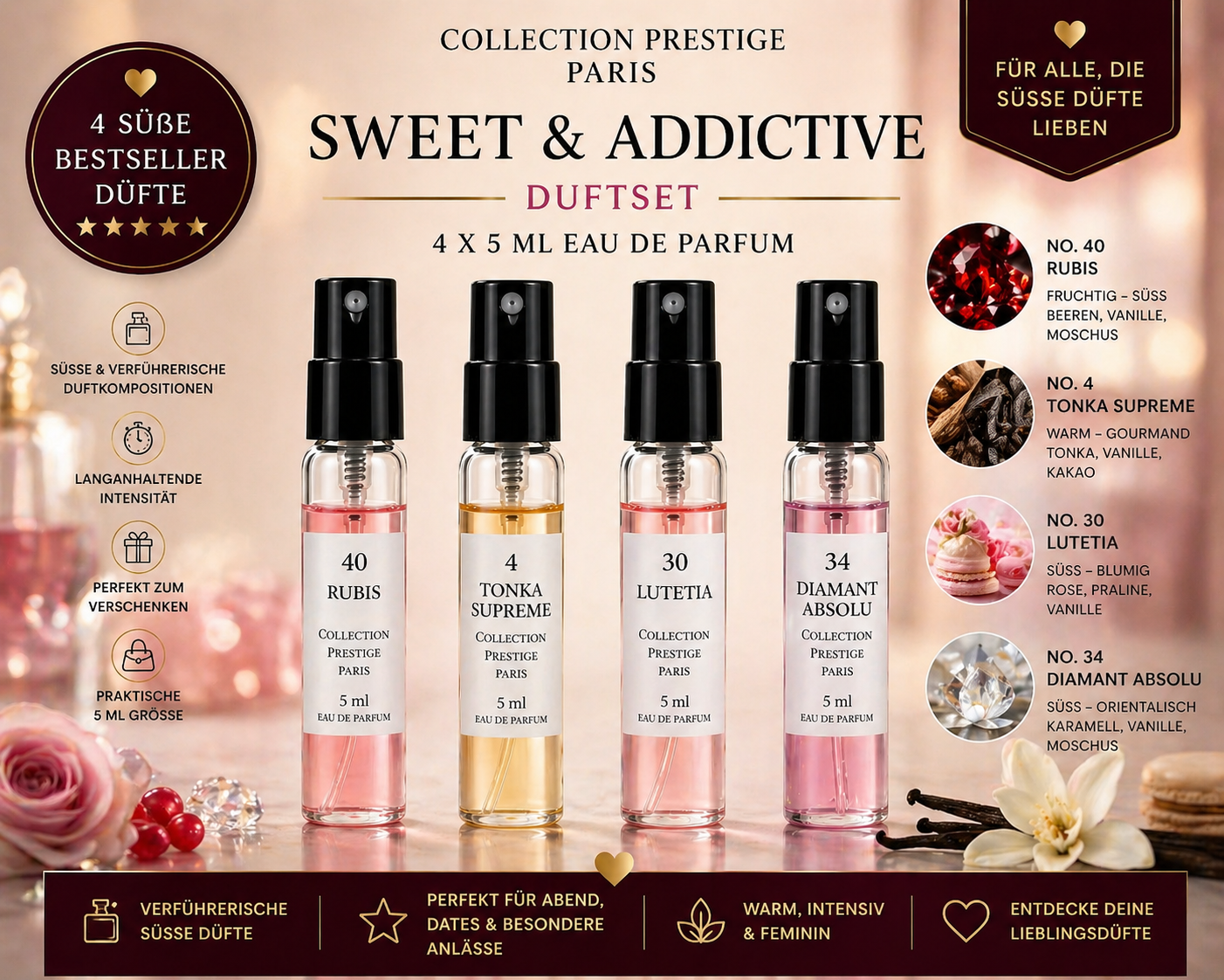 Collection Prestige Paris Sweet & Addictive Duftset – 4x 5 ml Parfum Abfüllungen (No. 4, 30, 34, 40) Damen Bestseller