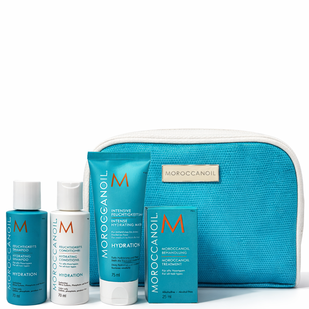 Moroccanoil Hydration Luxus-Reiseset – Exklusive Feuchtigkeitspflege mit Arganöl für seidiges, glänzendes Haar | Shampoo, Conditioner, Maske & Treatment im eleganten Beauty Case