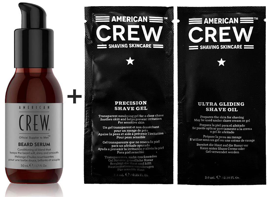 American Crew Beard Serum Bart-Öl 50ml + Ultra Gliding Shave Oil 3ml + Precision Shave Gel 7,4ml