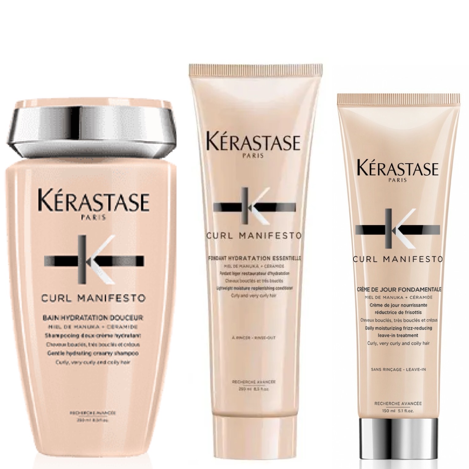 Kérastase Curl Manifesto Set - Bain Hydration Douceur 250ml + Fondant Hydration Essentielle 250ml + Creme de Jour Fondamentale 150ml