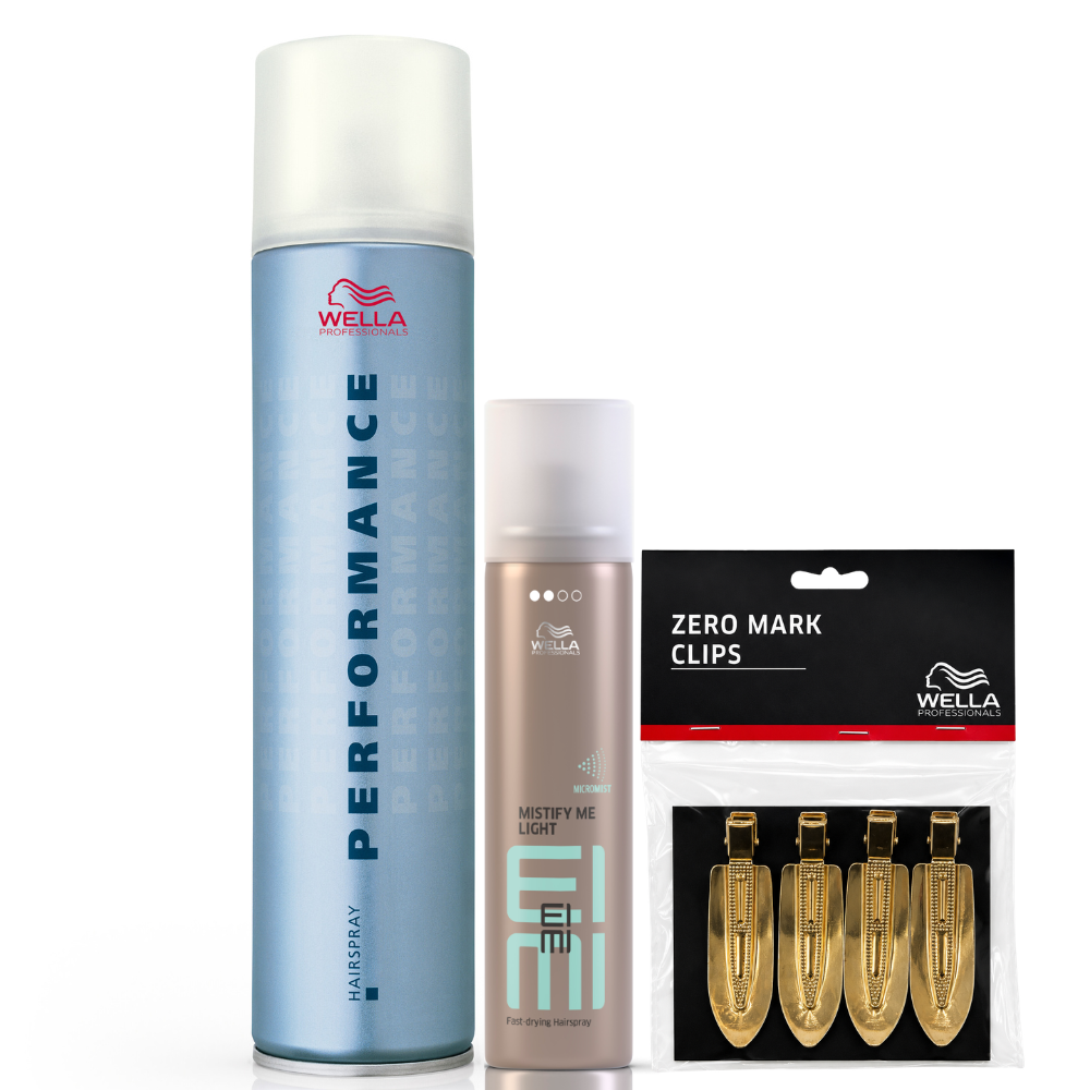 Wella Performance Haarspray 500 ml + EIMI Mistify Me Light 75 ml + 4 Zero Mark Clips Styling Set
