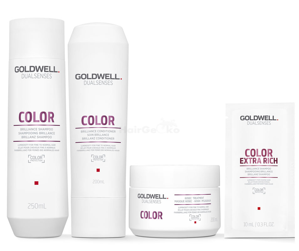 Goldwell Dualsenses Color Brillanz Set - Shampoo 250ml + Conditioner 200ml + 60 Sek Pflegekur 200ml + Color Extra Rich Brillanz Shampoo Sachet 10ml