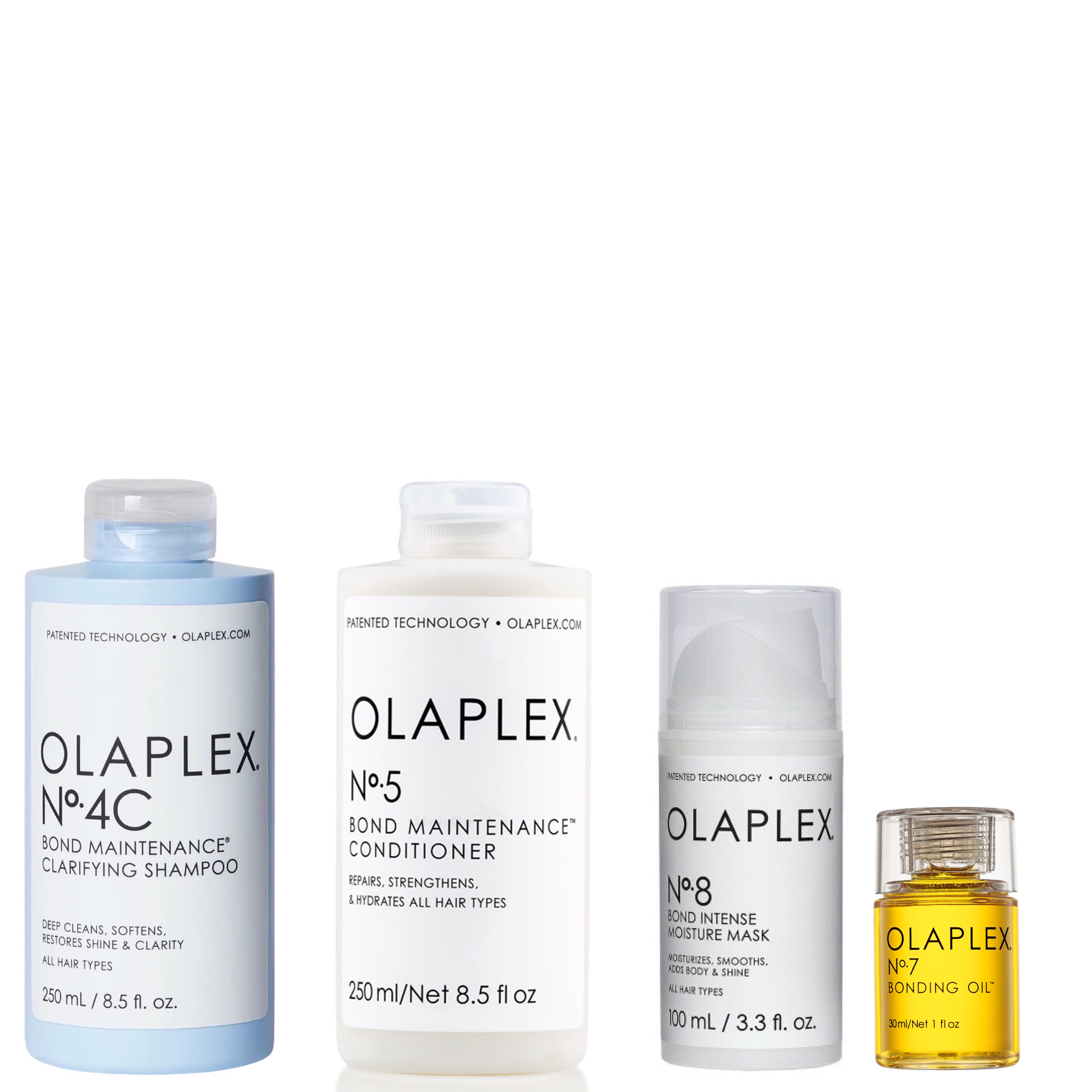 Olaplex Set Neu - No.4C Bond Maintenance Clarifying Shampoo 250 ml + No.5 Bond Maintenance Conditioner 250 ml + No.8 Bond Intense Moisture Mask 100 ml + No.7 Bonding Oil 30 ml
