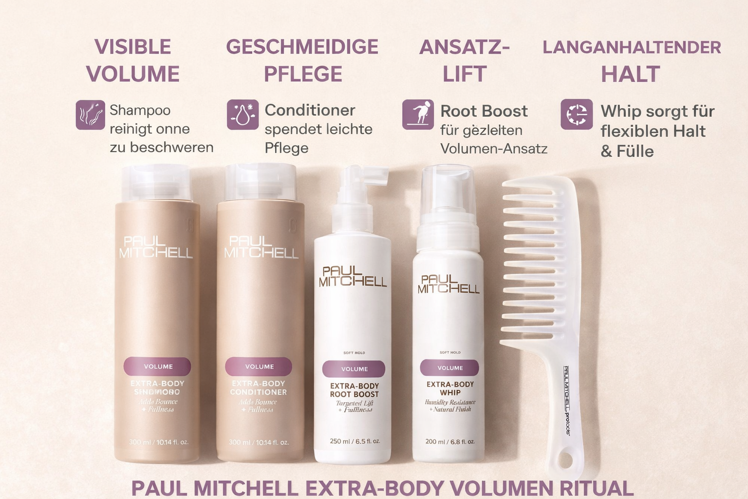 Paul Mitchell Extra-Body Volumen Ritual Set – Shampoo & Conditioner 300 ml + Root Boost 250 ml + Whip 200 ml + Profi Kamm | Für feines Haar